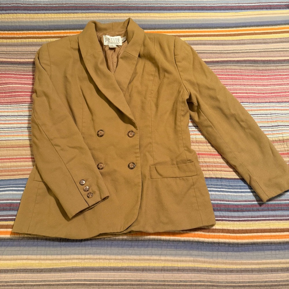 Vintage Petite Sophisticate Women's Tan Double Breasted 100% Wool Blazer Size 14